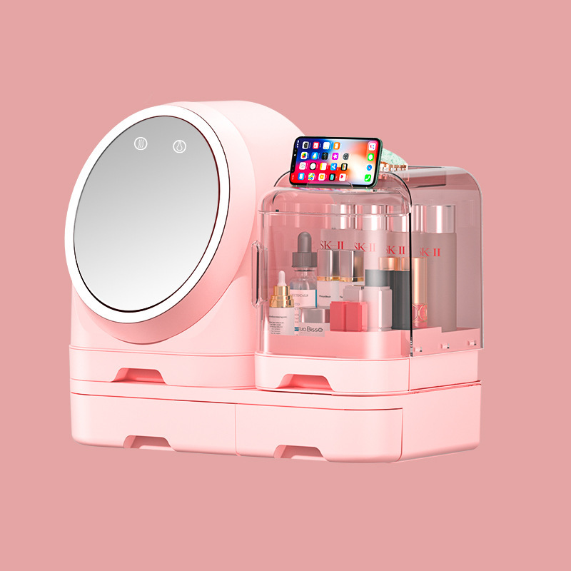 High-End Dustproof Classification Cosmetics Storage Box Rotatable LED Light with Mirror with Fan Skincare Shelves