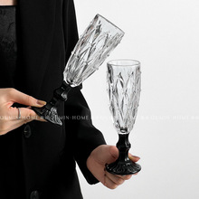 趣皿*小众ins复古高脚杯浮雕珠点香槟杯高颜值黑底玻璃微醺红酒杯