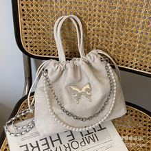 韩国直邮 代购 香奈儿chanel 复古双c 珍珠链条水桶包斜挎包 黑色