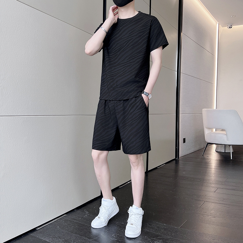 纯色肌理条纹休闲短袖t恤青少年男装搭配一套帅气学生夏装套装男