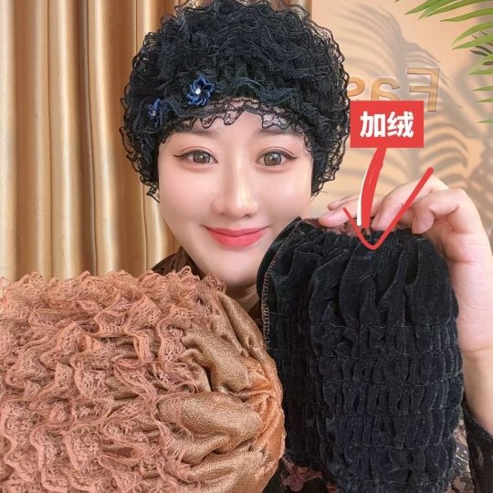 新款加绒加厚美人纱弹力蕾丝包头帽遮白发收碎发层层帽时尚款家居