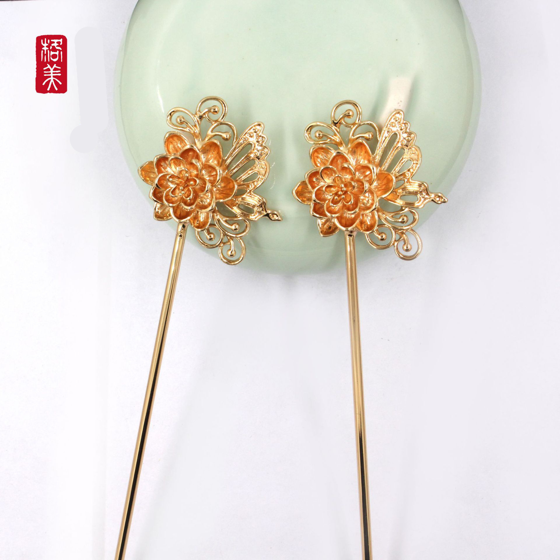 格美发饰头饰材料 160*37mm 铸铜金色蝶恋花发簪汉服简约配饰