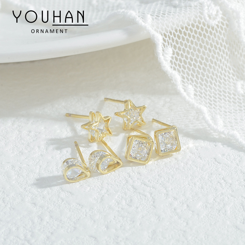 Korean Style Fashion Three-Piece Set Combination Sterling Silver Needle Stud Earrings Female One Card Three Pairs Five-Pointed Star Fashion All-Match Ear Rings