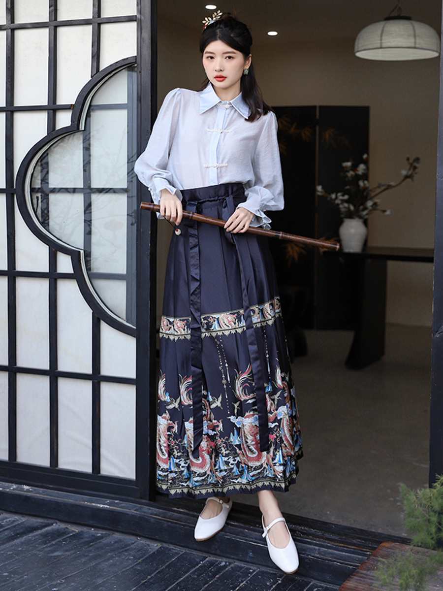 New Chinese Style Laid-Back Zen Skirt Women's Hanfu Improved Frog Buckle Top + Black Horse-Face Skirt Spring Suit