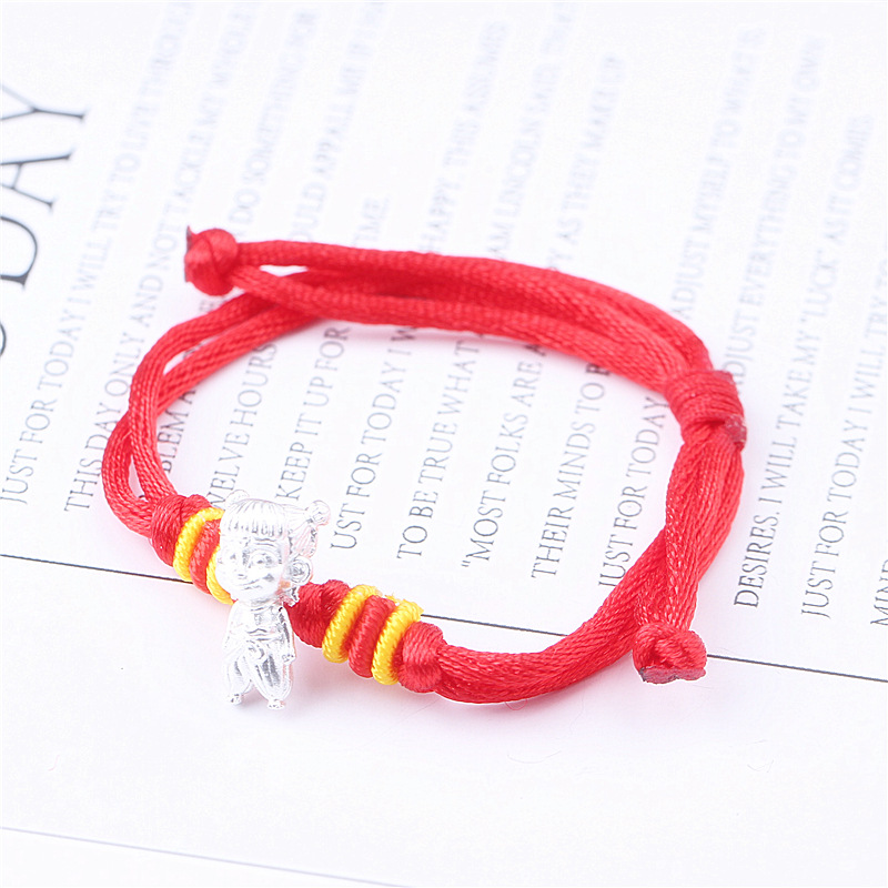 s999纯银手链 3d硬银牛系银手链 本命年红绳编织手链情侣手环