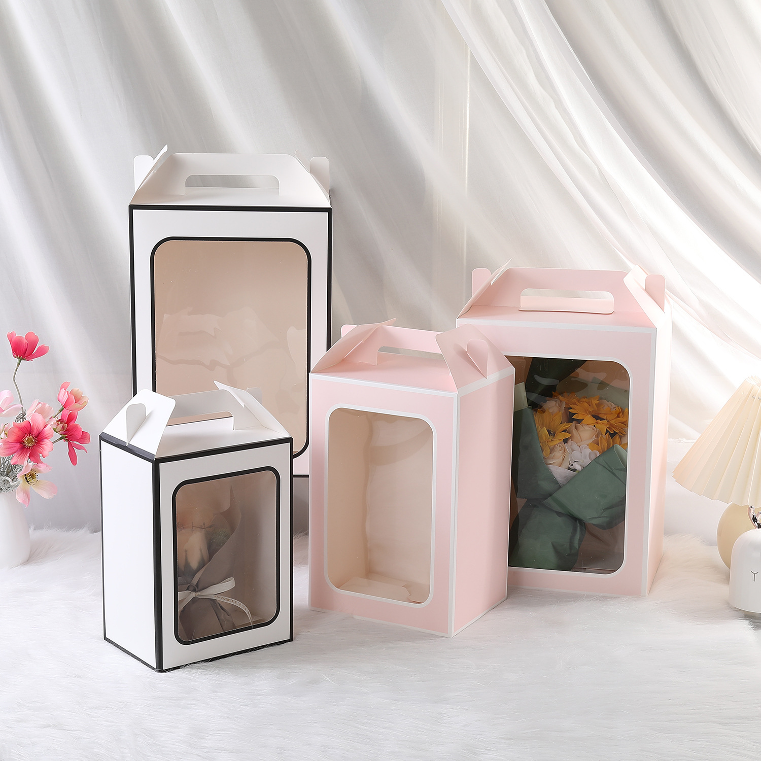New White Card Portable Gift Box Transparent Packaging Gift Box Window Gift Box Flower Hand Basket