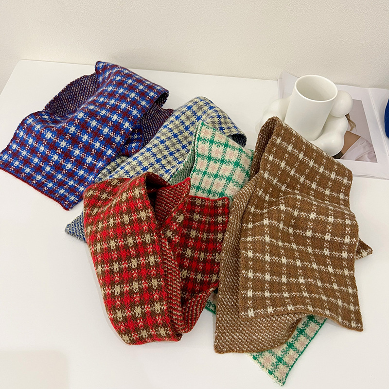 2023 Korean Style New Color Matching Plaid Children's Knitted Scarf Autumn and Winter Boys and Girls Keep Baby Warm Wool Scarf Fashion