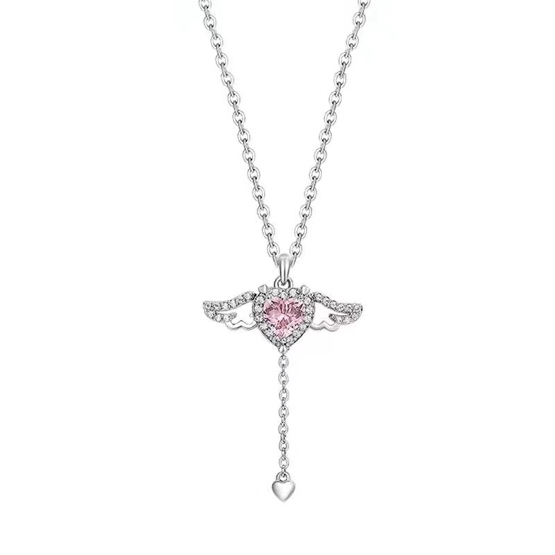 S925 Silver Moving Little Wing Cupid Heart Necklace Zircon Pendant Design Love Angel Clavicle Chain