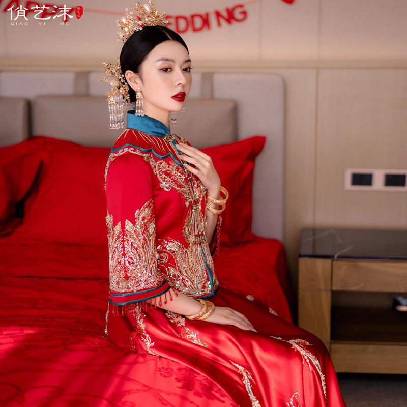 秀禾服2021年新款红蓝撞色秋结婚小个子中式新娘服古装嫁衣龙凤褂