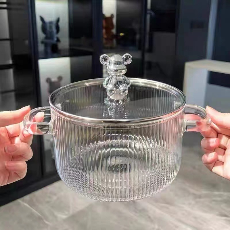 Transparent Vertical Pattern High Boron Glass Soup Pot Binaural Bear Glass Pot Open Fire Heating Large Capacity Glass Milk Pot