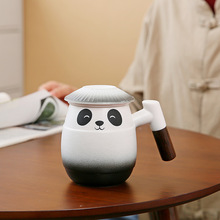 可爱熊猫办公杯茶水分离泡茶杯陶瓷家用内胆带盖过滤创意卡通水杯