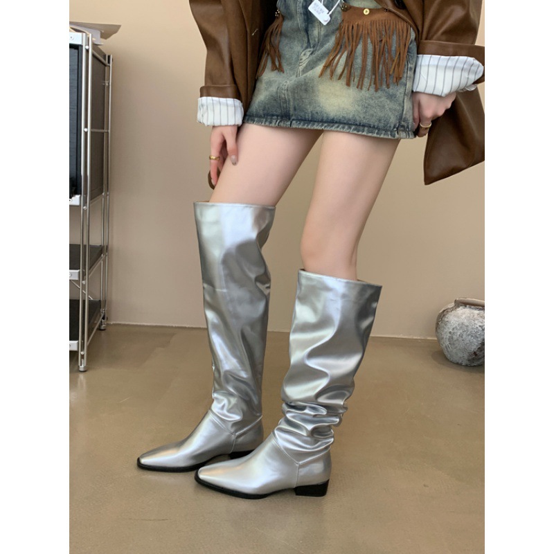 小众银色堆堆过膝长靴女靴子2023新款夏季高筒骑士靴春秋长筒靴