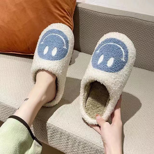 2021 New Cotton Slippers Women's Home Plush Warm Home Indoor Non-Slip Thick Bottom Smiley Face Fur Autumn and Winter