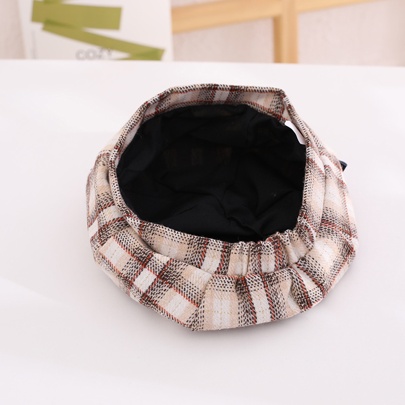 大格子书童帽秋冬贝雷帽英伦复古文艺简约画家帽甜美韩版潮帽_昼梦