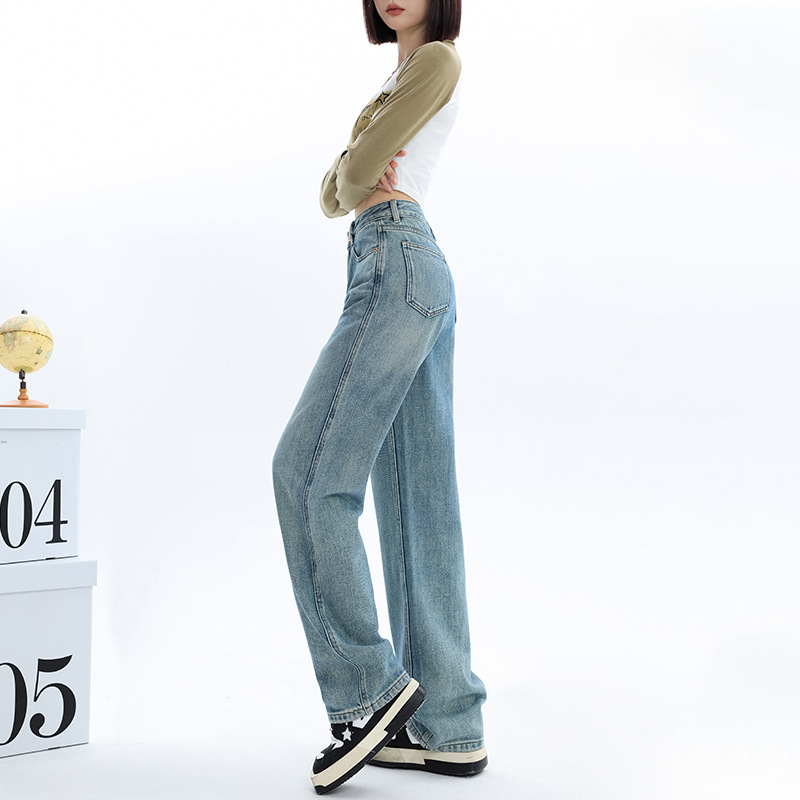 High Waist Narrow Wide Leg Small Jeans for Women 2024 Spring New Loose Slimming Drooping Straight Mop Pants