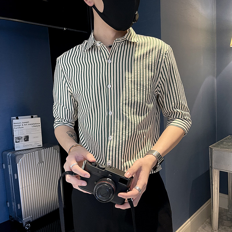 夏季男士衬衫修身中袖七分袖休闲发型师条纹衬衣ins个性上衣代发