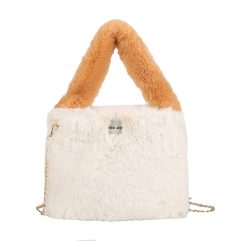 Korean Style Autumn and Winter Fur Bag Contrast Color Chain Casual Fashion Trending Underarm Women's Bag Fashionable Stylish Plush Hand-Carrying Bag