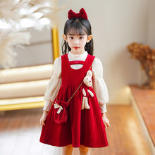 女童连衣裙套装秋款2023新款洋气公主裙中小童可爱红色裙子两件套