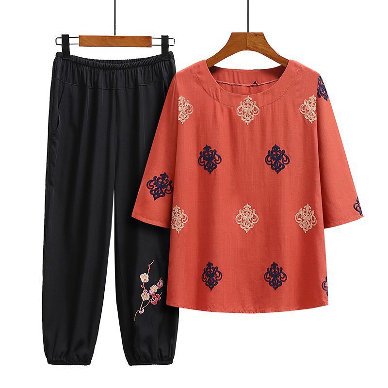 Elderly Clothes Middle-Aged and Elderly Women's Clothing Grandma Summer Short Sleeve Suit plus Size Summer T-shirt Old Lady