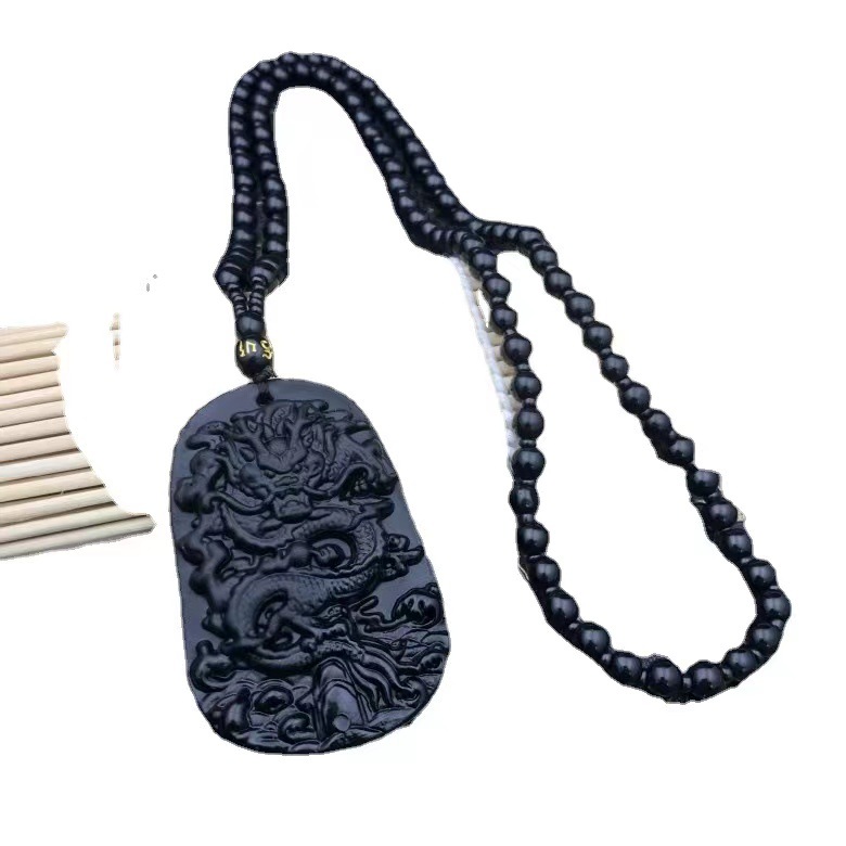 Frosted Bright Imitation Obsidian Pendant Dragon Brand Men‘s Necklace Buddha Pendant