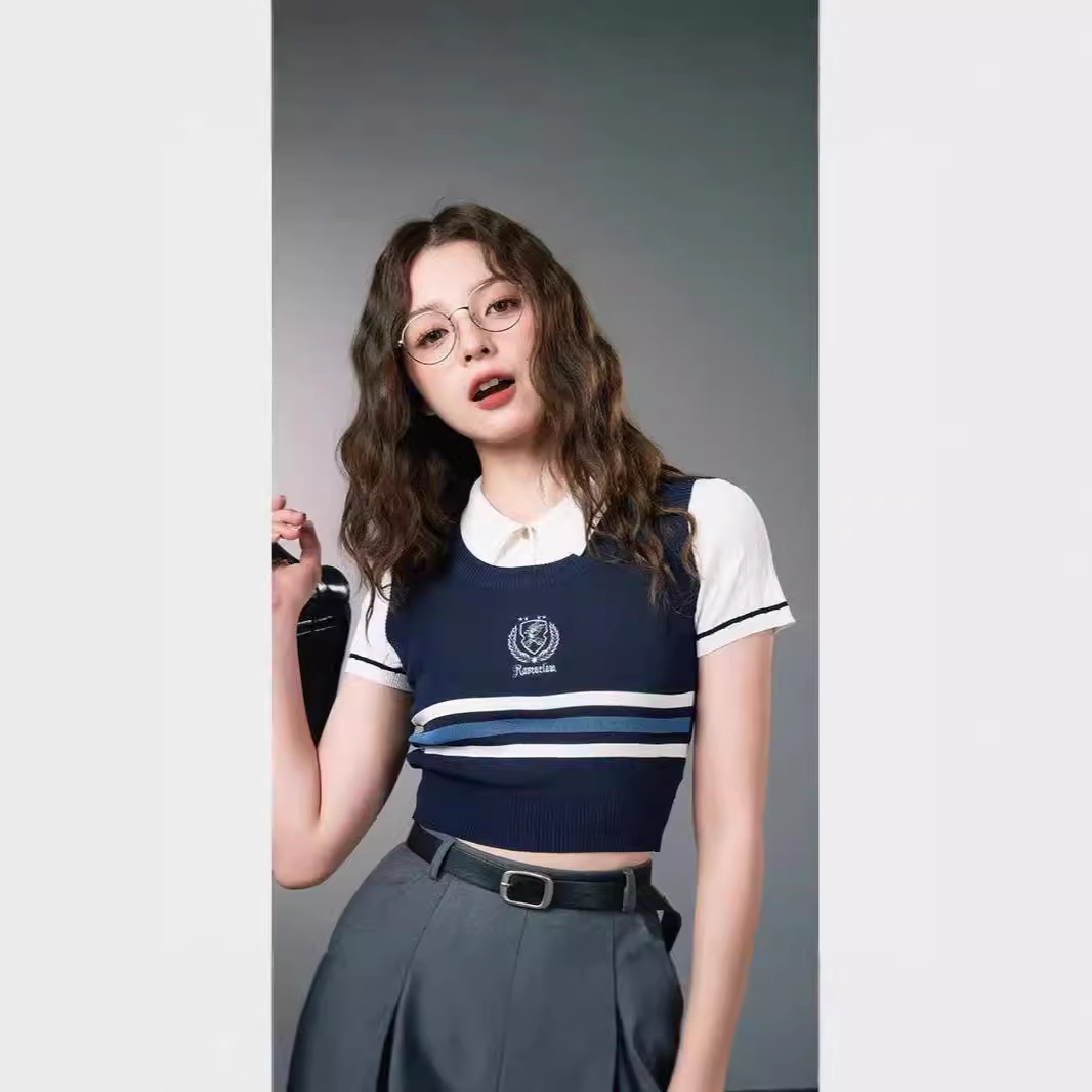哈利波特联名款上衣女夏新款短款针织薄款百搭显瘦美式学院风麻花