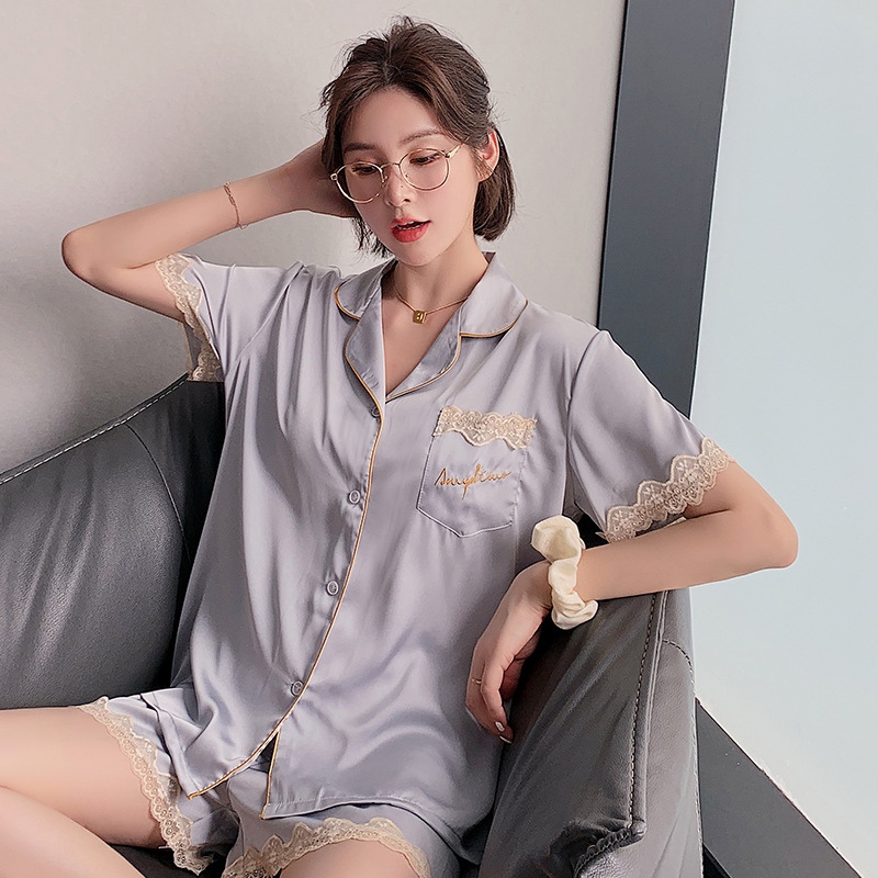 Couple Pajamas Women's Summer Ice Silk Short Sleeve Thin Silk Men's Summer Leisure Homewear Suit