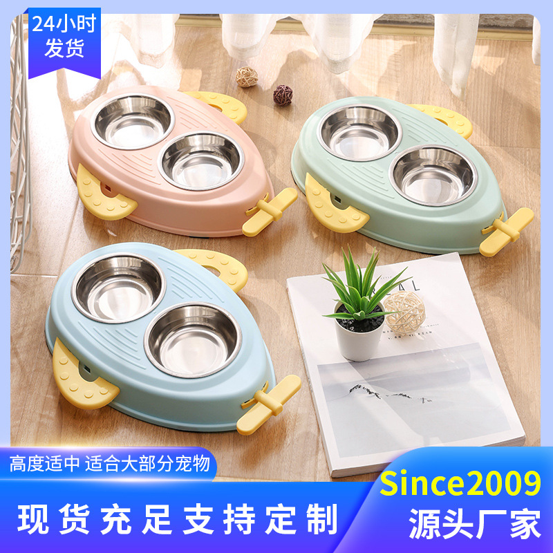 Dog Pet Cartoon Aircraft Double Bowl Cat Bowl Drinking Water Eating Pet Supplies Wholesale and Retail Dual-Use