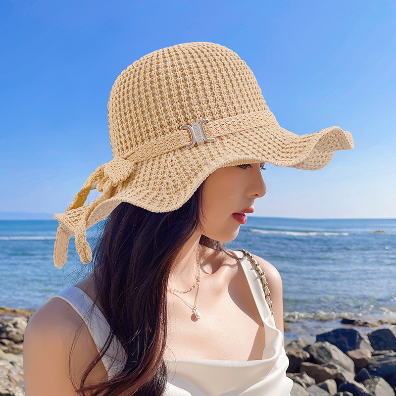 New Spring and Summer Knitted Wave Big Brim Beach Hat Women's Sun-Proof Bow Ribbon Sun Hat Wholesale