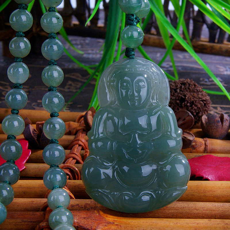 缅甸翡翠a货观音吊坠男款大号玉佩 玉器油青菩萨挂件配玉佛珠项链