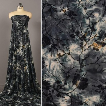 墨染炭灰色-扎染植绒面料 黄色梅花中国风弹力旗袍上衣连衣裙布料