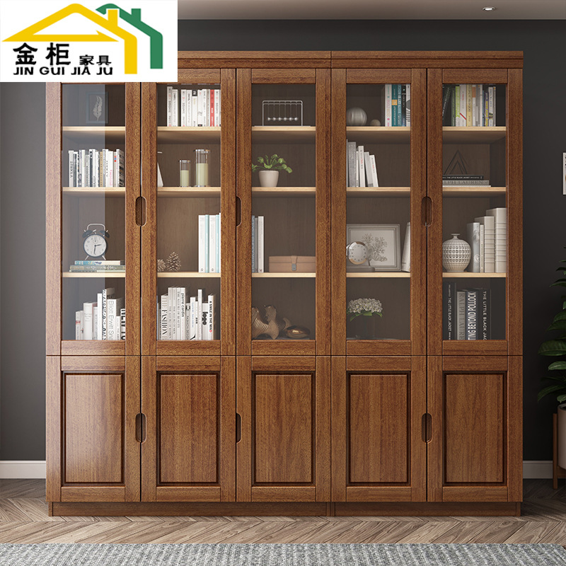 Modern Minimalist Chinese Style Solid Wood Bookcase Floor Glass Door Bookshelf Combination Three Door Locker Six Door Log Bookcase