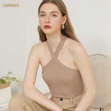 CANVAUS挂脖式吊带背心女打底外穿夏季修身针织螺纹短款女装上衣