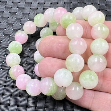 玉石手链挑花玉圆珠手链粉色石英岩玉手链12毫米玉手链玉手串手环