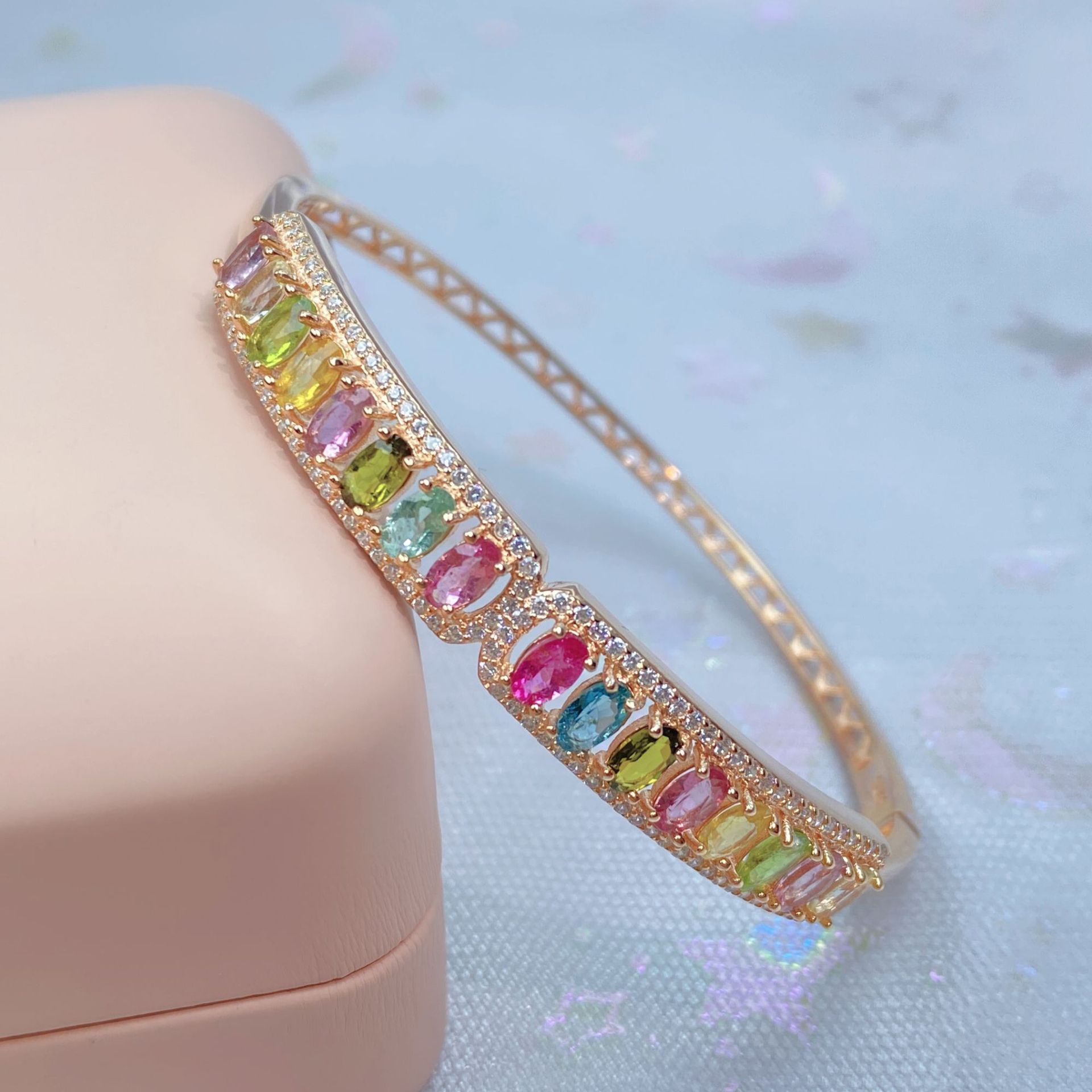 洛可可风马卡龙糖果色碧玺手镯女不掉色轻奢手环s925银彩宝手饰品