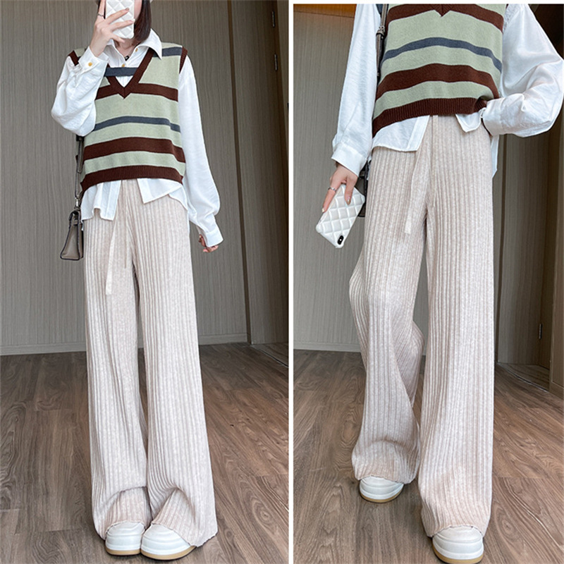 Knitted Texture High Waist Wide Leg Pants Women's Autumn and Winter New Drawstring Casual Slimming Drooping Straight Wool Mop Pants