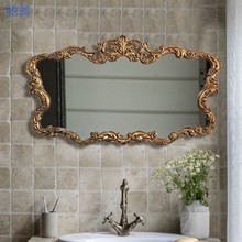 deq欧式复古金色浴室镜贴墙轻奢卫生间化妆镜洗漱镜美式装饰镜子
