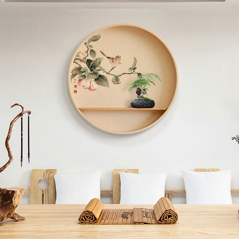 实木圆形装饰画禅意新中式客厅入户玄关挂画餐厅茶室日式背景墙画