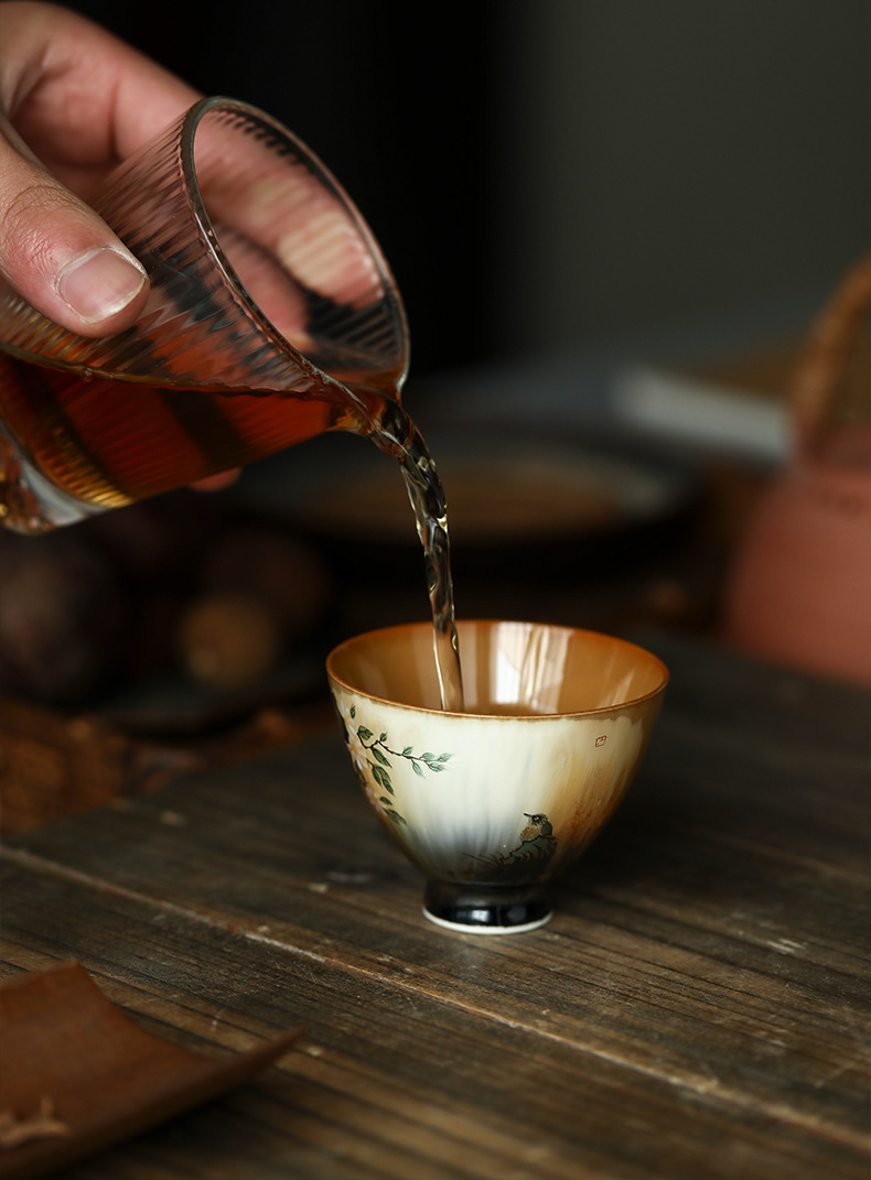 景德镇仿古窑变花鸟茶杯陶瓷主人杯品茗杯景德镇功夫茶具茶杯单杯