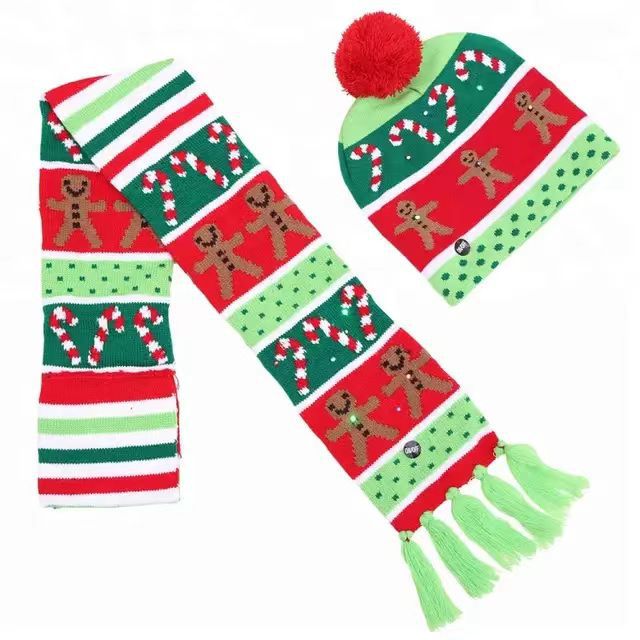 2023 New Jacquard Led Luminous Christmas Hat Scarf Set Autumn and Winter Holiday Pattern Multicolor Jacquard Spot