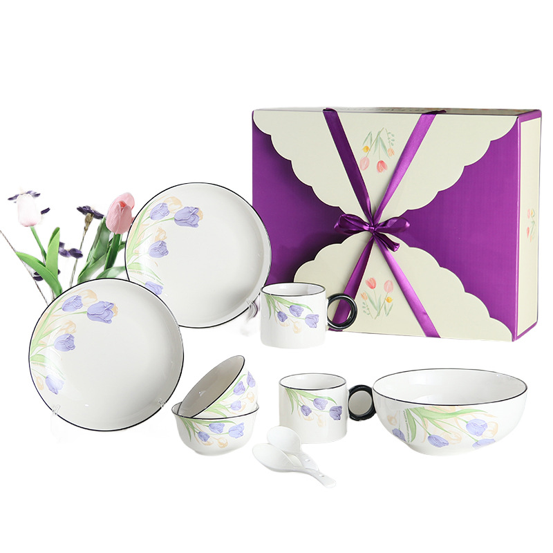 Nordic Style Ceramic Bowl Dish & Plate Tableware Set Household Housewarming Gift Box round Activity Gift Bowl Employee Benefits