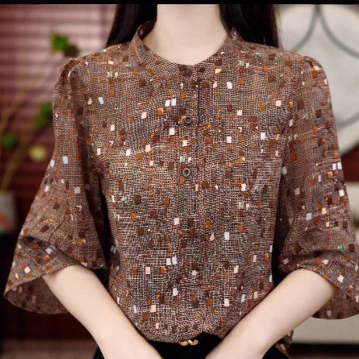 新款气质夏季衬衣2025减龄衬衫时尚洋气宽松中年妈妈印花上衣女装