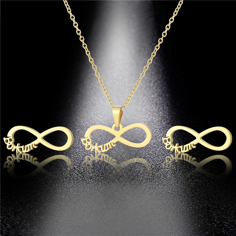 European and American Infinite Symbol Pendant Cross-Border Stainless Steel 8 Words Necklace and Earring Suit Amazon Fashion Short Necklace