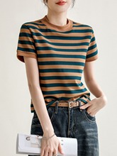 韩系小众圆领肌理感撞色条纹短袖T恤女2024春夏新款设计感上衣