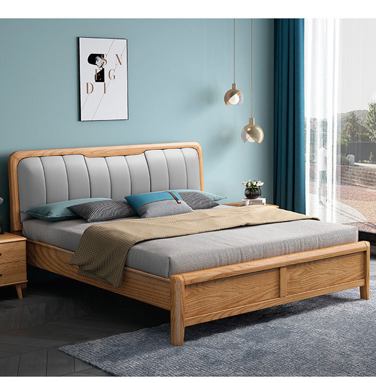 白蜡木现代简约原木双人床1.8米软靠皮床主卧婚床 北欧轻奢实木床