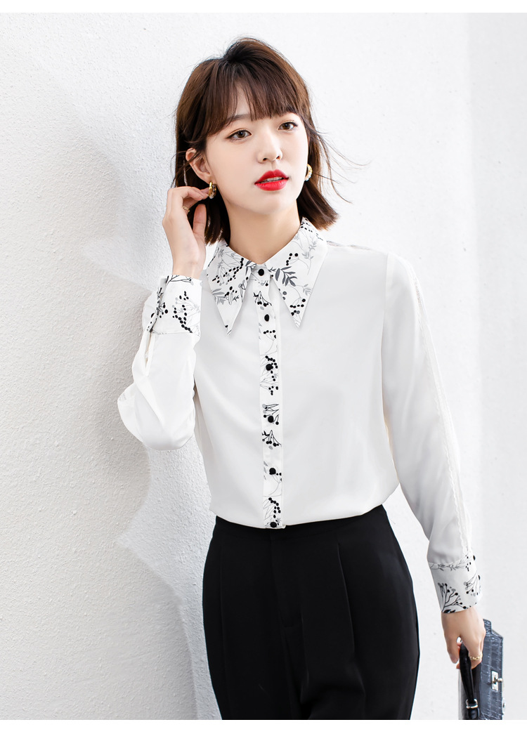 雪纺职业白衬衫女2021秋装新款长袖衬衣拼色燕子领女士气质上衣潮