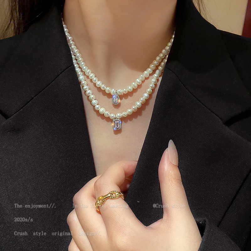 韩国东大门珍珠项链水滴锆石吊坠时尚锁骨链网红个性穿搭颈链颈饰