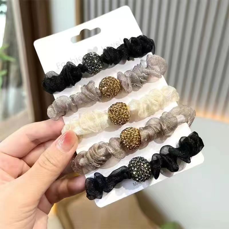 Korean Style Dignified Rhinestone Ball Head Rope Large Intestine Hair Band Internet Celebrity Minimalist Hair Band Tie Ponytail Hair String Headdress