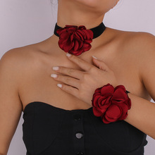 N10282跨境时尚几何颈链手链 优雅浪漫气质玫瑰花植绒布项链手环