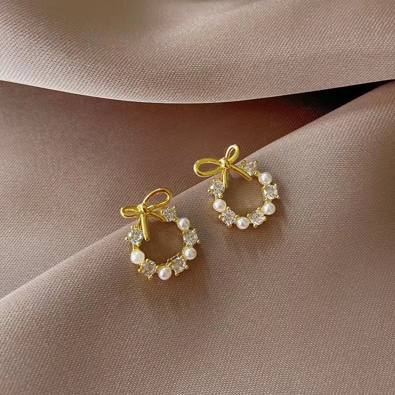 Bow Pearl Diamond Stud Earrings Sterling Silver Needle Small Light Luxury and Simplicity All-Match High-Grade Earrings