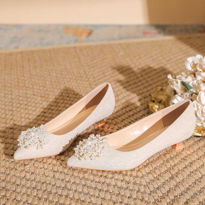 2024秋季新款尖头高跟鞋女细跟矮跟主婚纱新娘鞋婚鞋女水晶鞋女